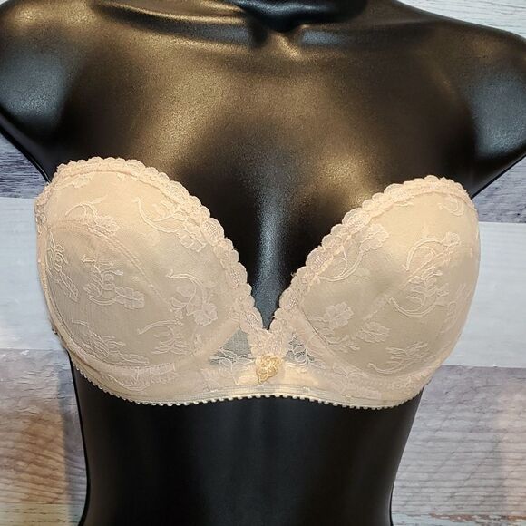Vintage Carnival Beige Strapless Floral Lace Bra 36B 324 - Picture 1 of 10